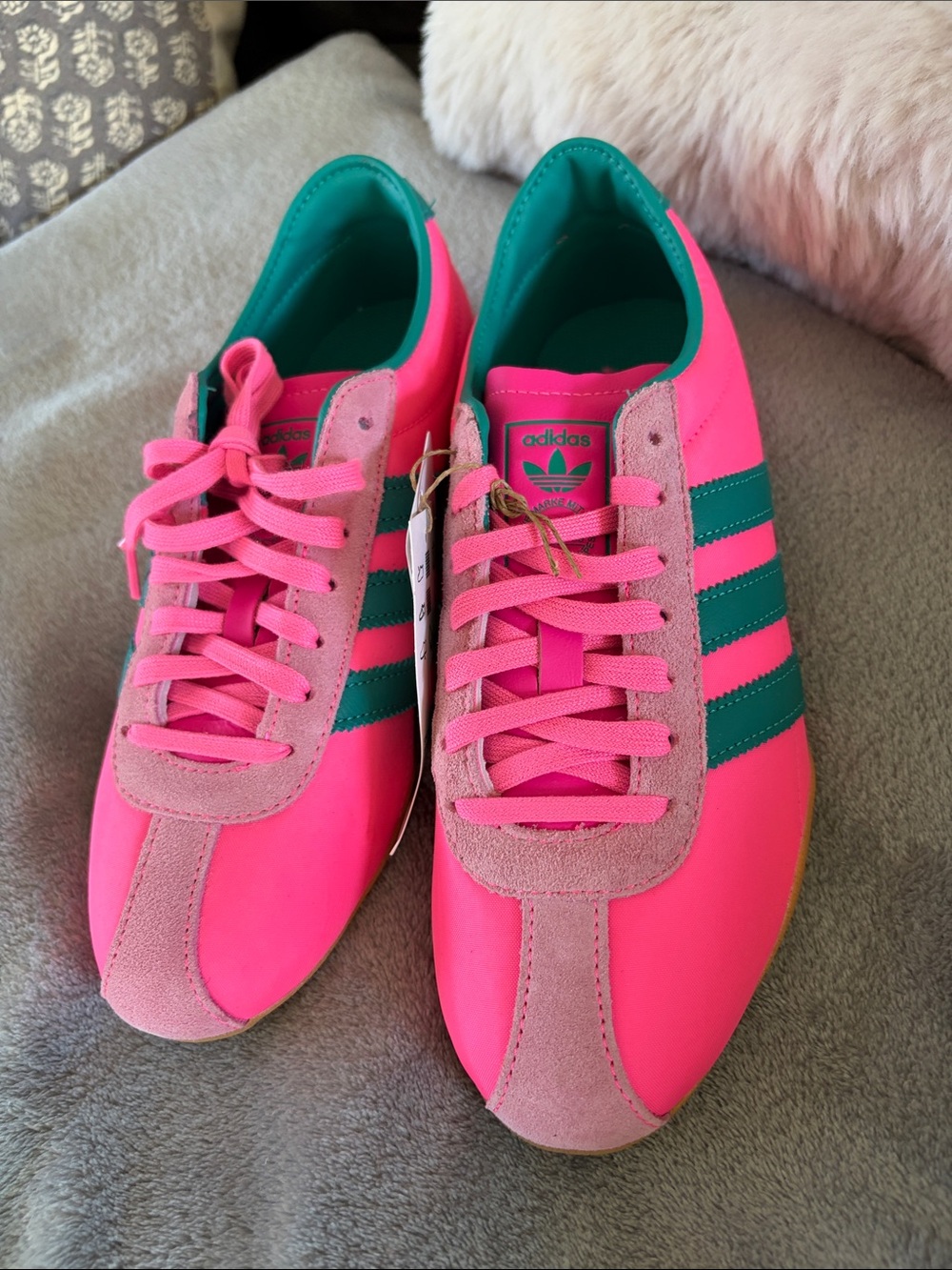 Tokyo low top adidas Women’s Hot Pink Sneakers with Teal Stripes